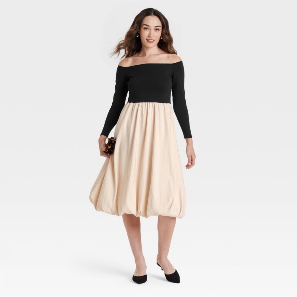 Women's Long Sleeve Midi A-Line Dress - A New Day™ Black/Cream XS